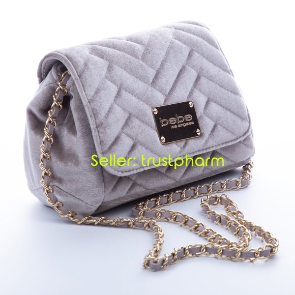 bebe Handbags - BEBE Velvet Greta Mini Crossbody Purse Taupe